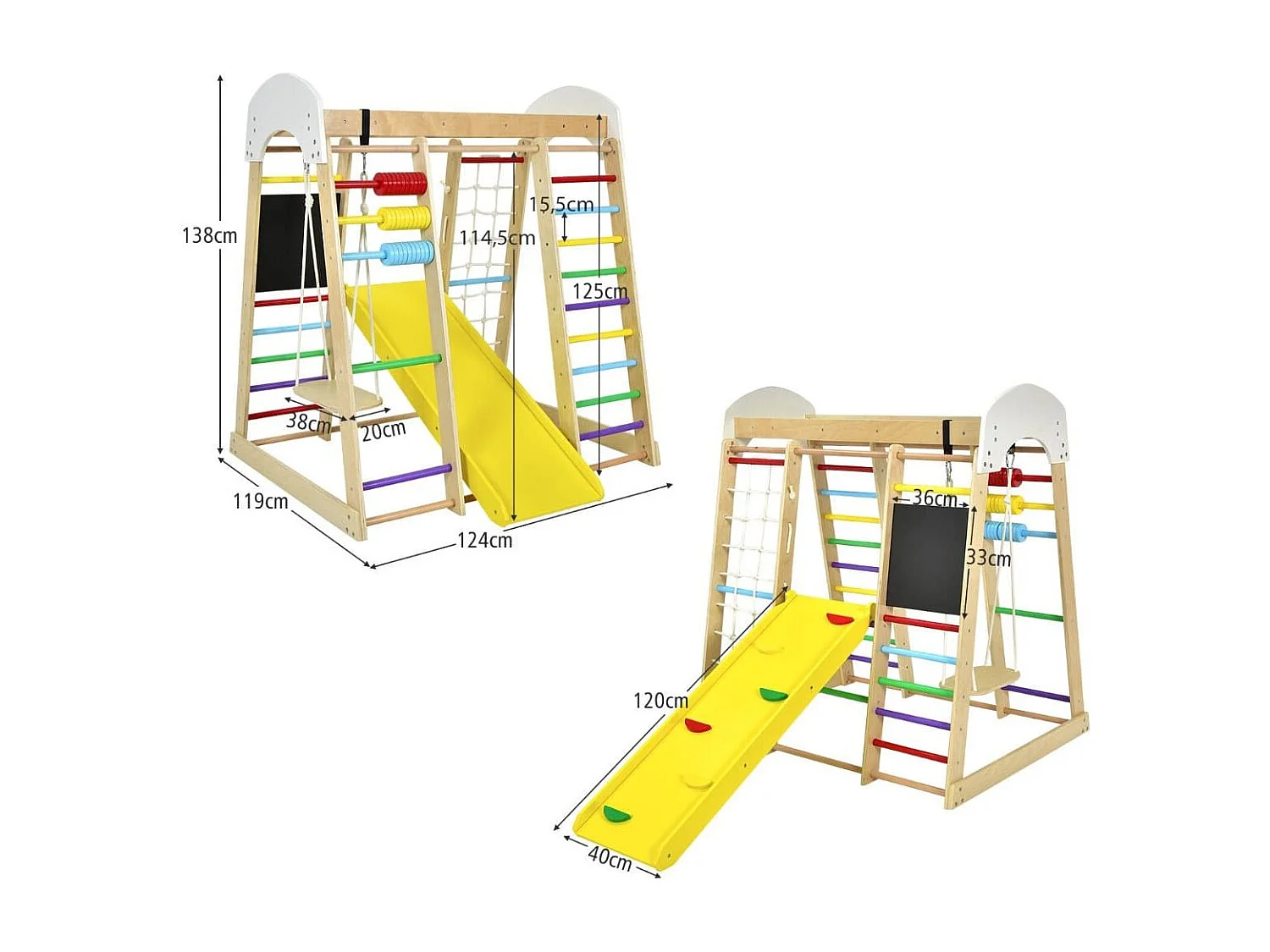 Set arrampicata 8 in 1 per bambini con abaco e altalena, Set arrampicata di legno con scivolo e scala Colorato
