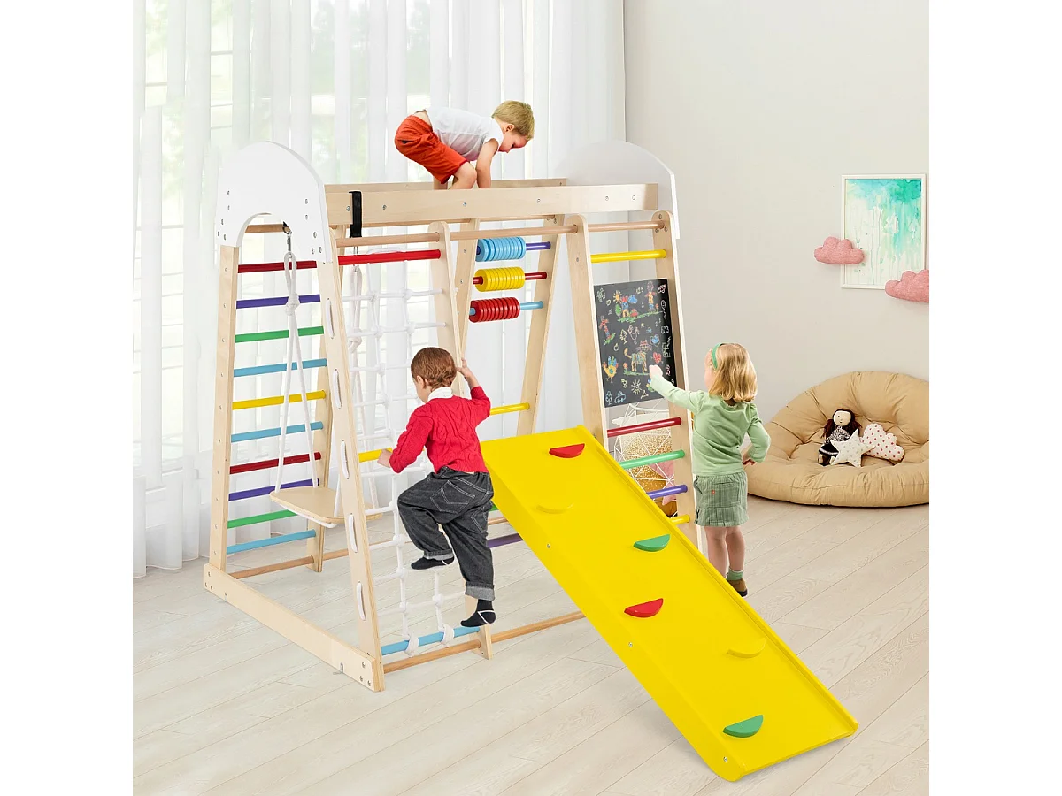 Set arrampicata 8 in 1 per bambini con abaco e altalena, Set arrampicata di legno con scivolo e scala Colorato