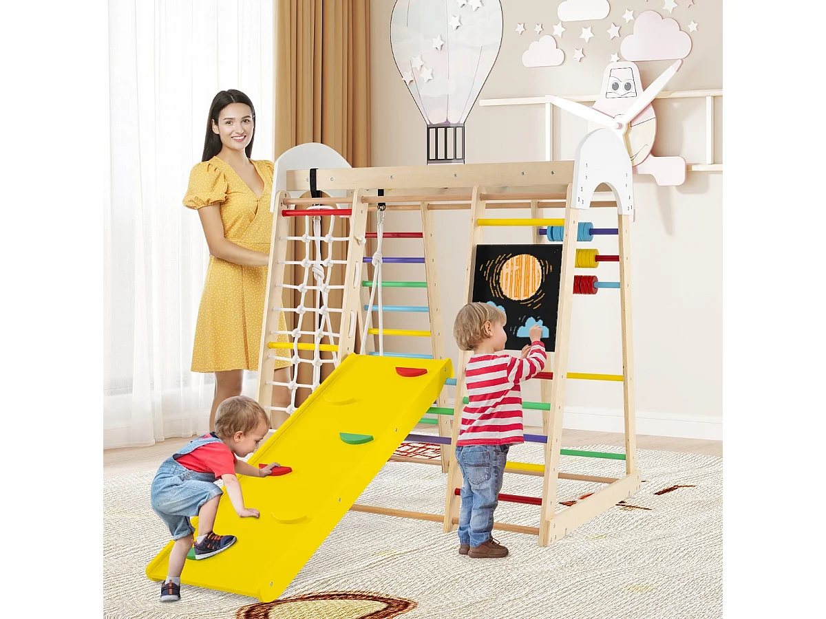 Set arrampicata 8 in 1 per bambini con abaco e altalena, Set arrampicata di legno con scivolo e scala Colorato