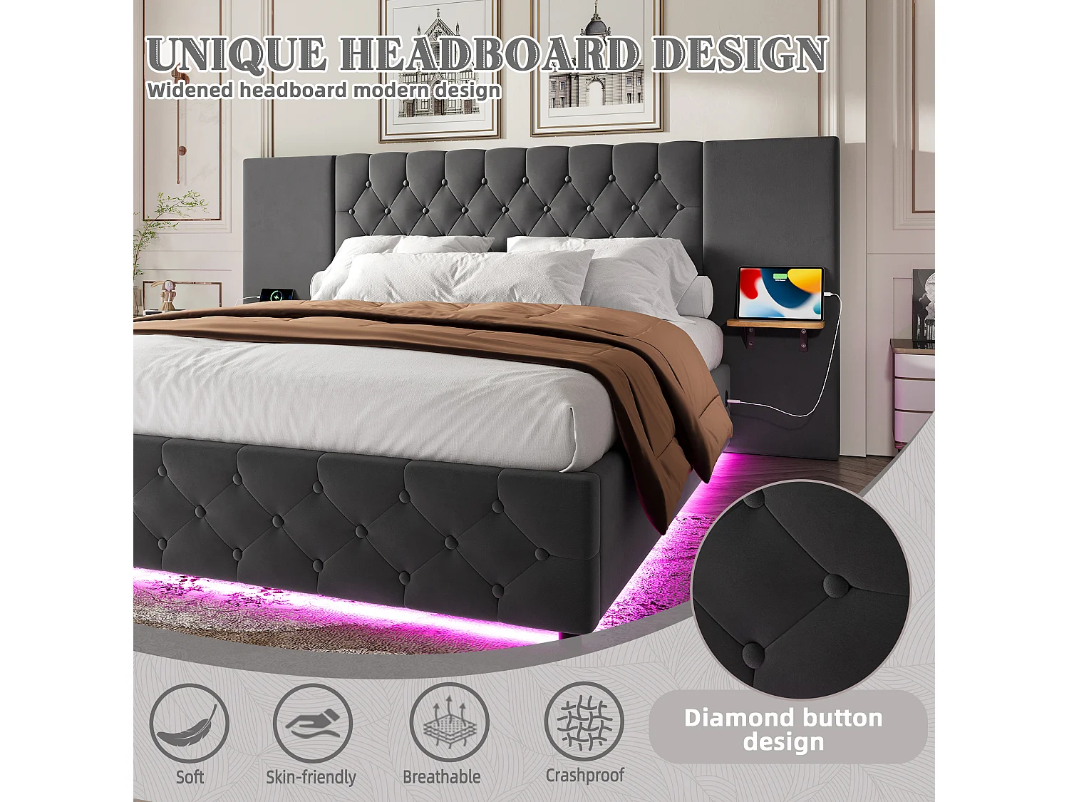 Lit Coffre 140×200 cm - Lit Rembourré en Velours Gris  – Étagère Tête De Lit - LED/USB-C – Coffre Hydraulique – Style Contemporain