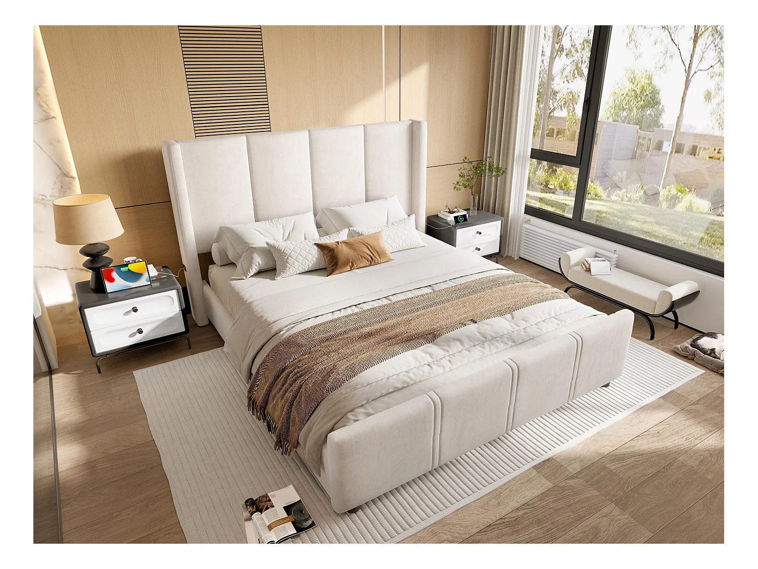 Gepolsterd dubbelbed 140x200 cm - met hoog hoofdeinde & voeteneinde in luxe fluweelstof | Geïntegreerde USB/Type-C aansluiting