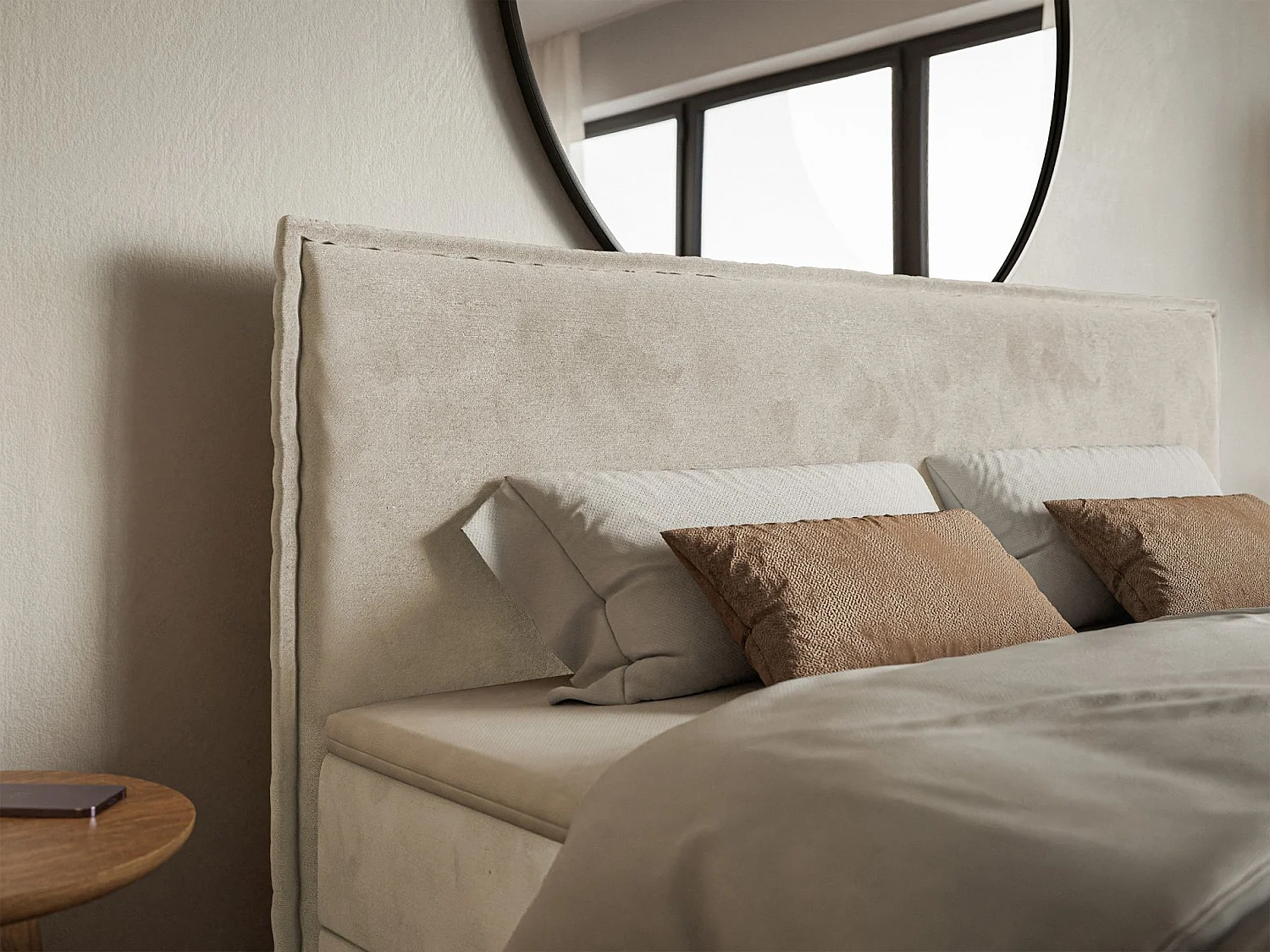 Lit boxspring 180x200 avec surmatelas – en velours déperlant – beige – SOFTIE