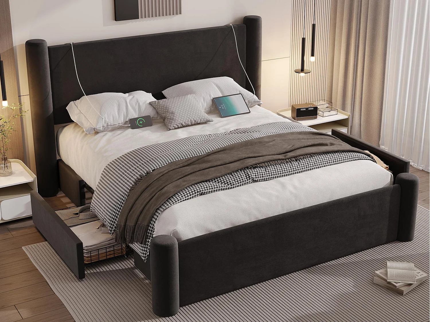 Lit coffre 140x200 cm - Lit rembourré en velours noir - avec tête de lit à colonnes - 2 tiroirs et port USB – Design élégant et pratique