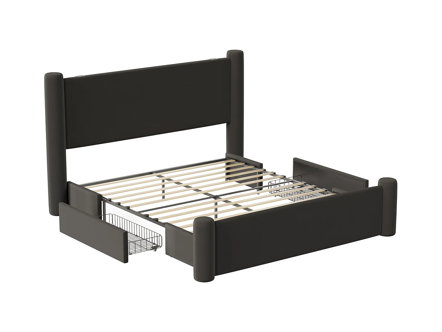 Lit coffre 140x200 cm - Lit rembourré en velours noir - avec tête de lit à colonnes - 2 tiroirs et port USB – Design élégant et pratique