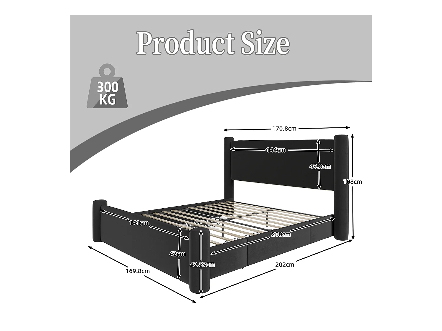 Lit coffre 140x200 cm - Lit rembourré en velours noir - avec tête de lit à colonnes - 2 tiroirs et port USB – Design élégant et pratique