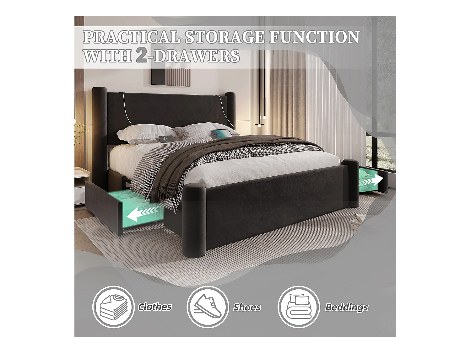 Lit coffre 140x200 cm - Lit rembourré en velours noir - avec tête de lit à colonnes - 2 tiroirs et port USB – Design élégant et pratique