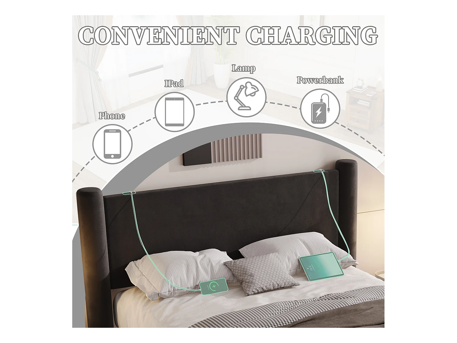 Lit coffre 140x200 cm - Lit rembourré en velours noir - avec tête de lit à colonnes - 2 tiroirs et port USB – Design élégant et pratique