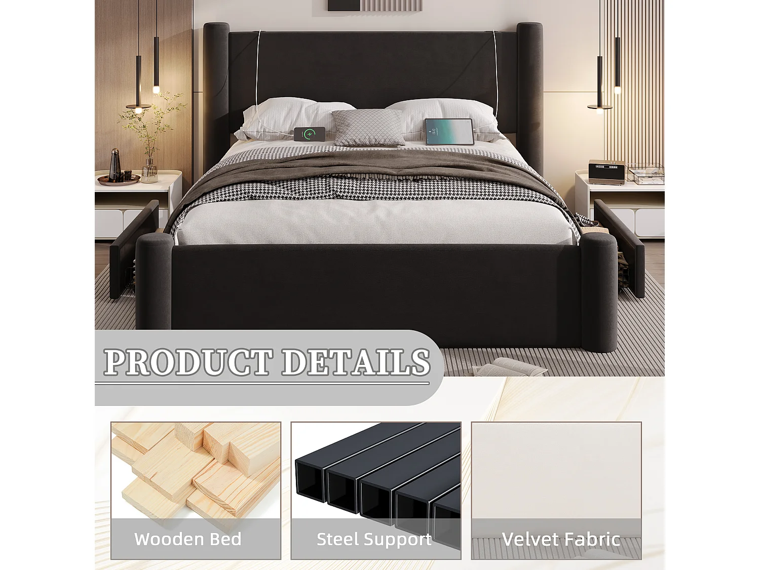 Lit coffre 140x200 cm - Lit rembourré en velours noir - avec tête de lit à colonnes - 2 tiroirs et port USB – Design élégant et pratique