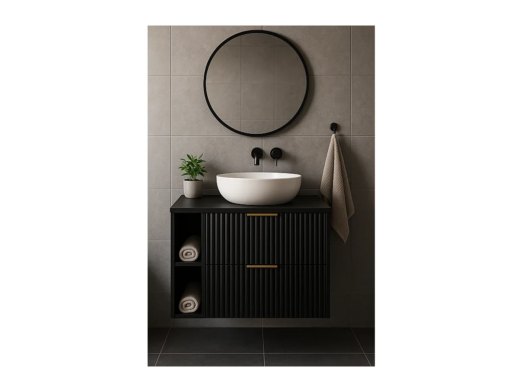 Mueble de baño estriado FLOW 80 cm negro con estantería y encimera roble craft dorado