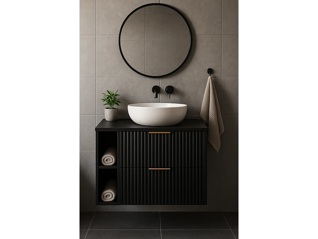 Meuble sous vasque FLOW 80 cm blanc avec étagère et plan, surface cannelée