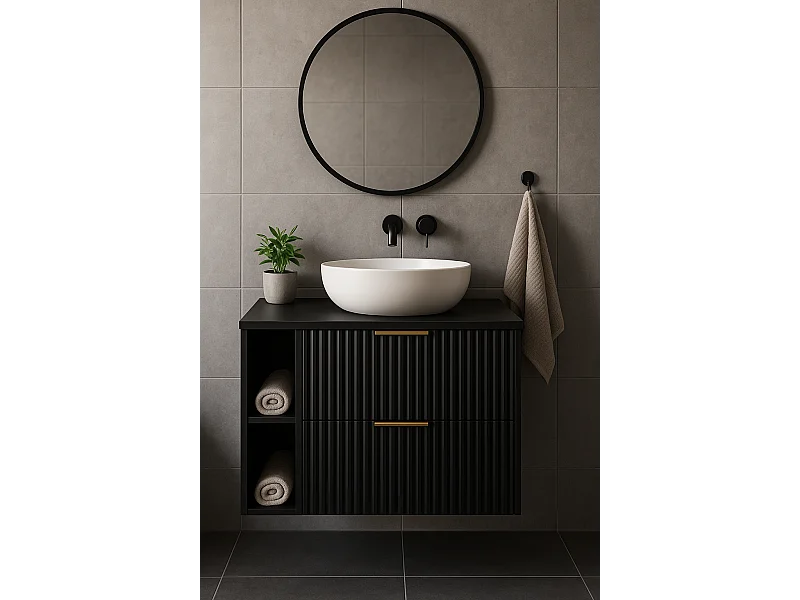 Schwarzer geriffelter Waschtischunterschrank FLOW 80 cm mit Regal und Platte in Eiche Craft Gold