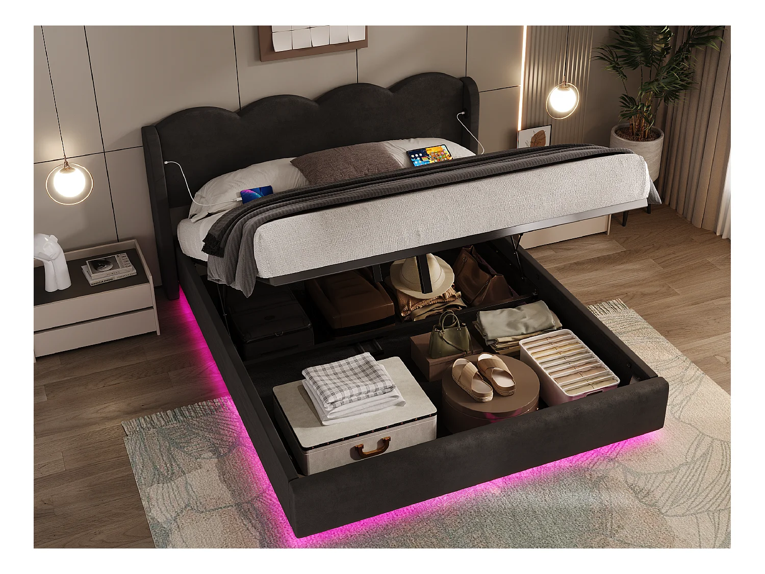 Lit coffre 160x200 cm - Lit rembourré en velours noir - avec tête de lit ondulée et éclairage LED intégré - ports USB et Type-C – Design moderne