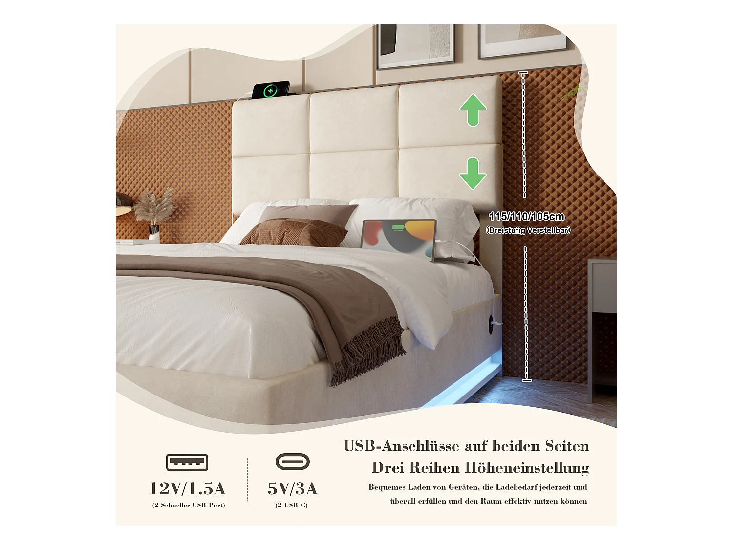 Lit Coffre 90×200 cm Velours Beige - Lit Rembourré – LED Télécommandé + Port USB – Rangement Hydraulique – Style Moderne avec Motif Matelassé