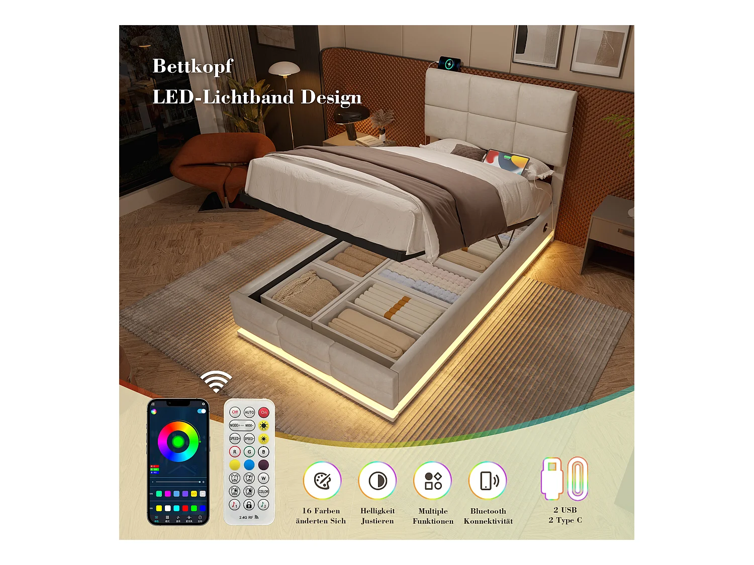 Lit Coffre 90×200 cm Velours Beige - Lit Rembourré – LED Télécommandé + Port USB – Rangement Hydraulique – Style Moderne avec Motif Matelassé