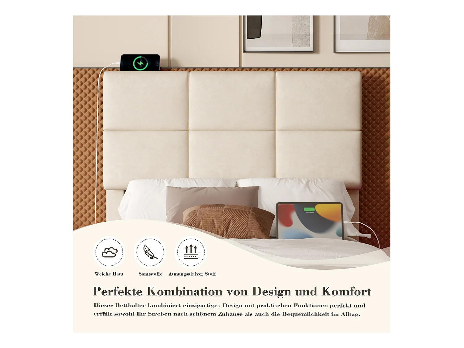 Lit Coffre 90×200 cm Velours Beige - Lit Rembourré – LED Télécommandé + Port USB – Rangement Hydraulique – Style Moderne avec Motif Matelassé