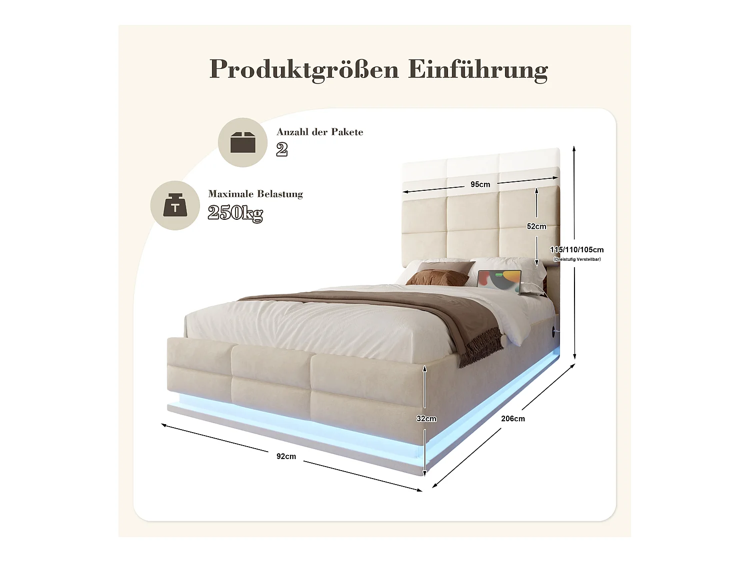 Lit Coffre 90×200 cm Velours Beige - Lit Rembourré – LED Télécommandé + Port USB – Rangement Hydraulique – Style Moderne avec Motif Matelassé