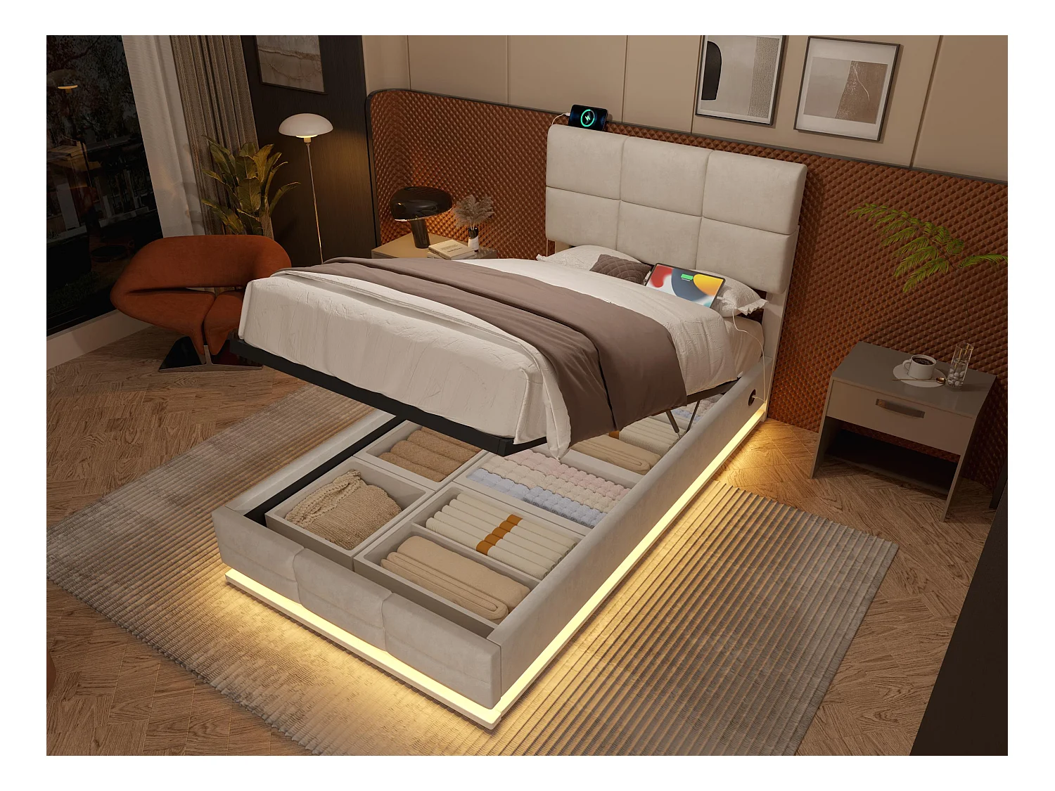 Opbergbed 90×200cm Beige Fluweel - Gestoffeerd bed - Afstandsbediening LED + USB-poort - Hydraulische opbergruimte - Moderne stijl met gewatteerd patroon