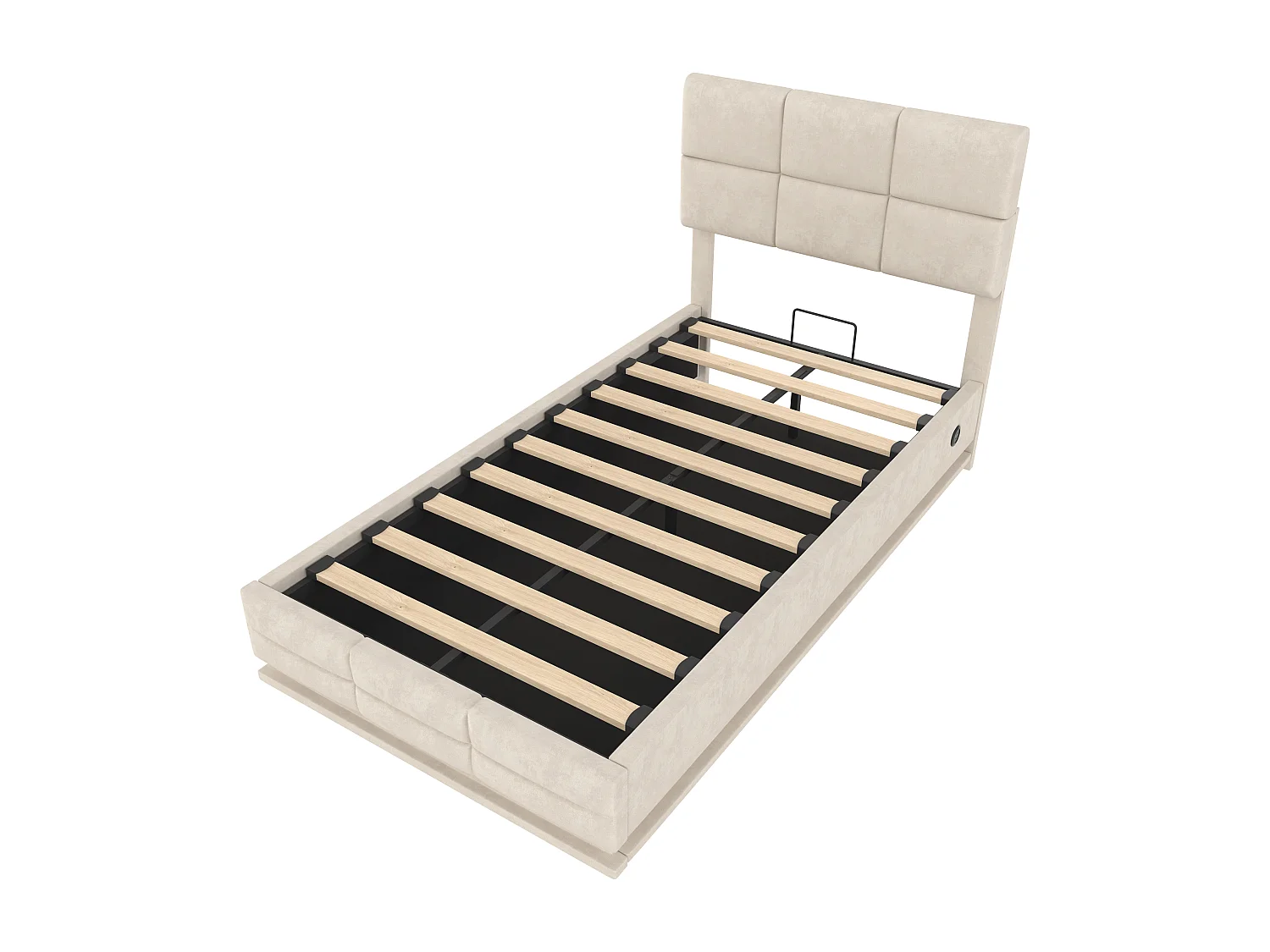 Lit Coffre 90×200 cm Velours Beige - Lit Rembourré – LED Télécommandé + Port USB – Rangement Hydraulique – Style Moderne avec Motif Matelassé