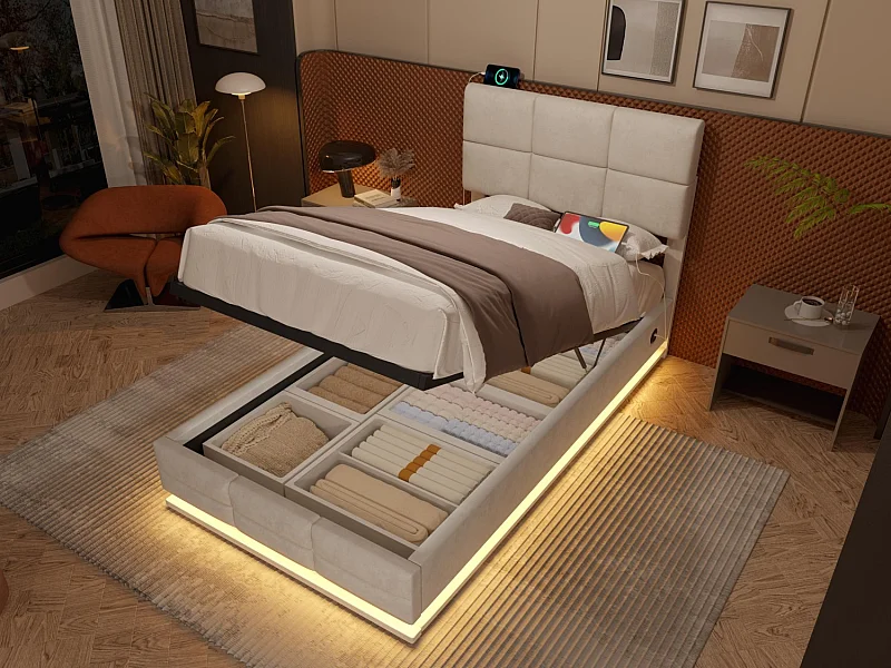 Lit Coffre 90×200 cm Velours Beige - Lit Rembourré – LED Télécommandé + Port USB – Rangement Hydraulique – Style Moderne avec Motif Matelassé
