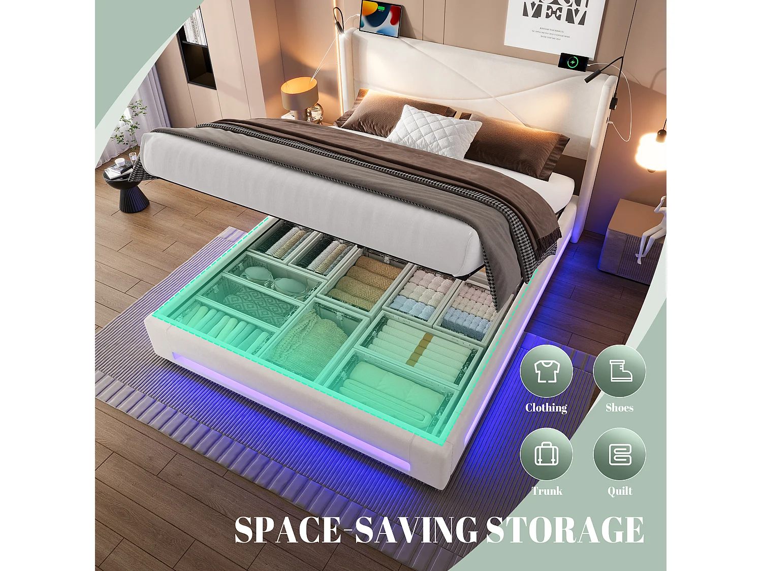 Lit Coffre 140×200 cm - Lit  Rembourré en Velours Beige – Motif Matelassé en Lignes - Lampe de Lecture + LED/USB – Coffre Hydraulique – Style Contemporain