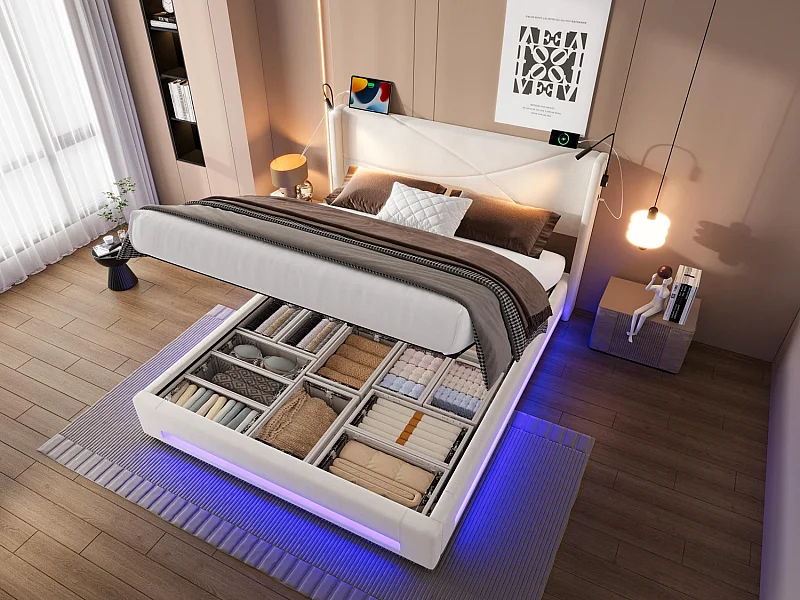 Lit Coffre 140×200 cm - Lit  Rembourré en Velours Beige – Motif Matelassé en Lignes - Lampe de Lecture + LED/USB – Coffre Hydraulique – Style Contemporain