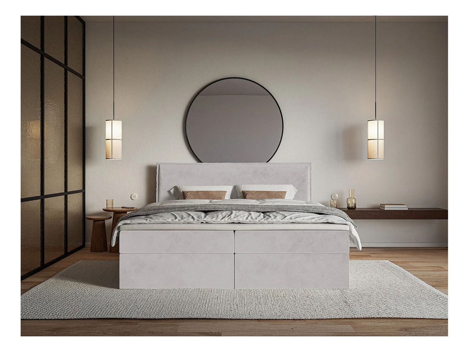 Lit boxspring 160x200 avec surmatelas – en velours déperlant – gris clair – SOFTIE