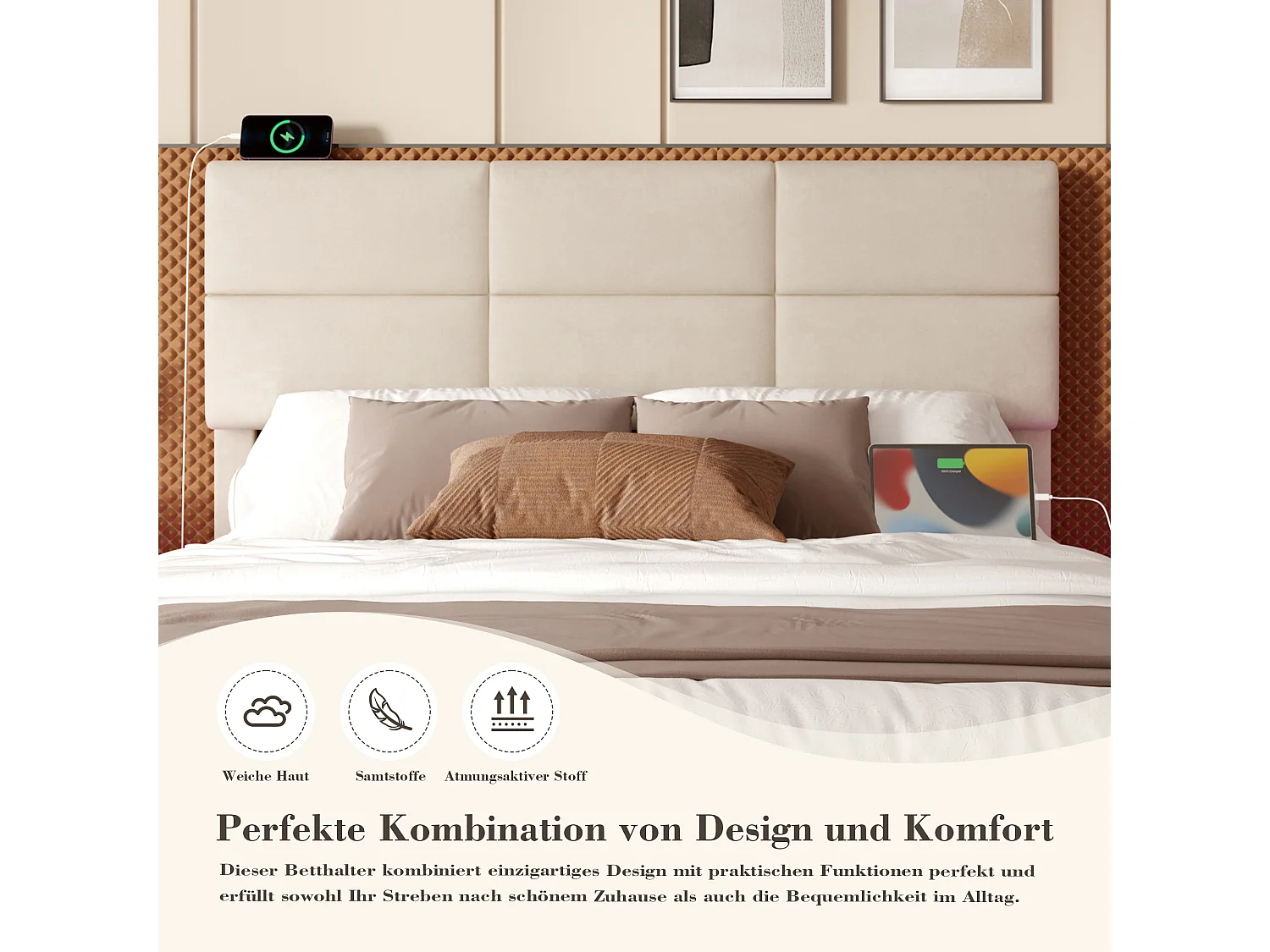 Lit Coffre 140×200 cm Velours Beige - Lit Rembourré – LED Télécommandé + Port USB – Rangement Hydraulique – Style Moderne avec Motif Matelassé