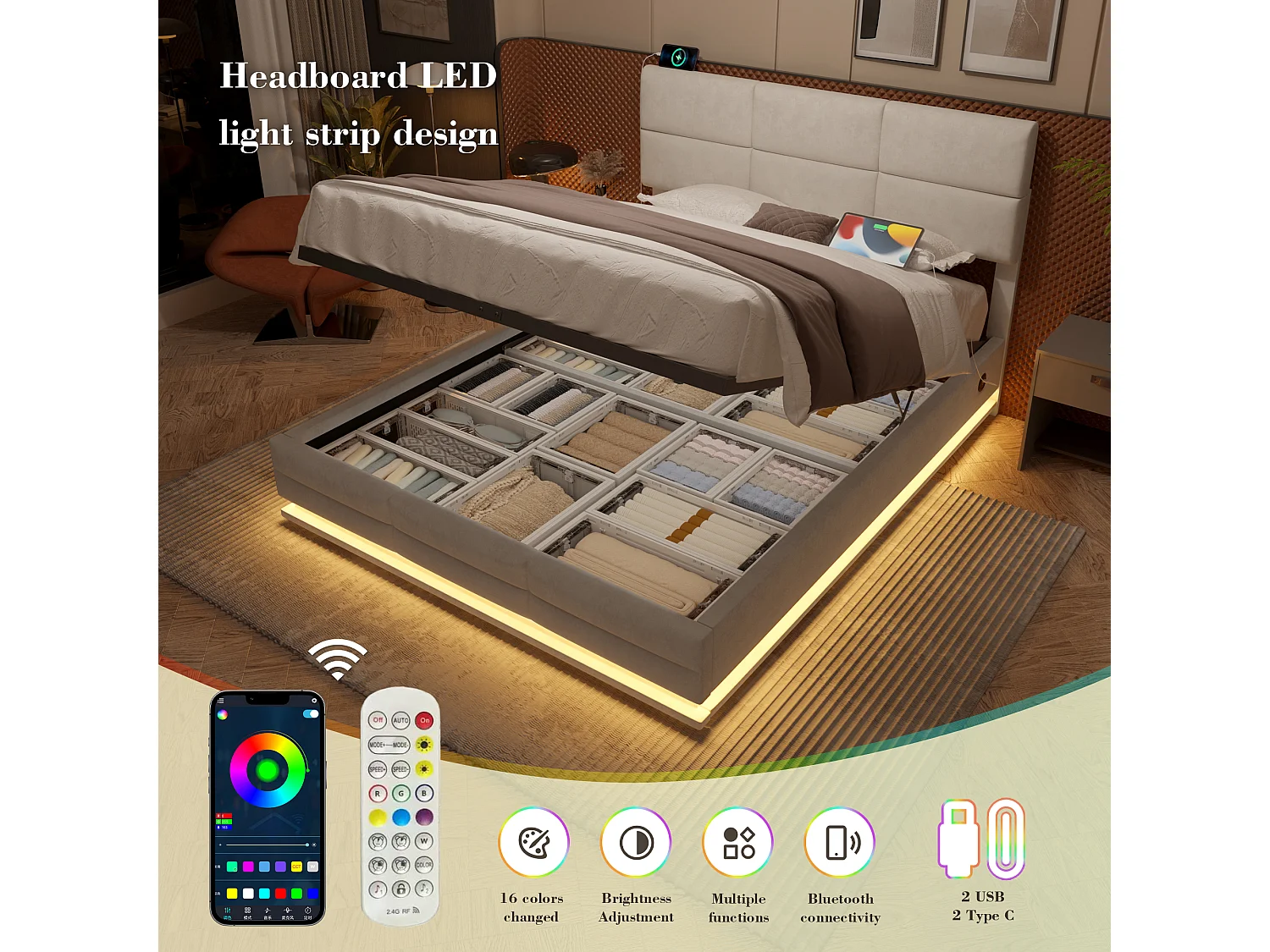 Lit Coffre 140×200 cm Velours Beige - Lit Rembourré – LED Télécommandé + Port USB – Rangement Hydraulique – Style Moderne avec Motif Matelassé