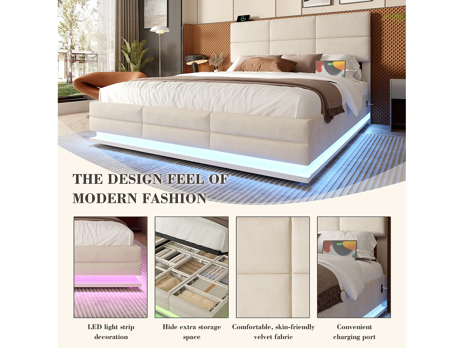 Lit Coffre 140×200 cm Velours Beige - Lit Rembourré – LED Télécommandé + Port USB – Rangement Hydraulique – Style Moderne avec Motif Matelassé