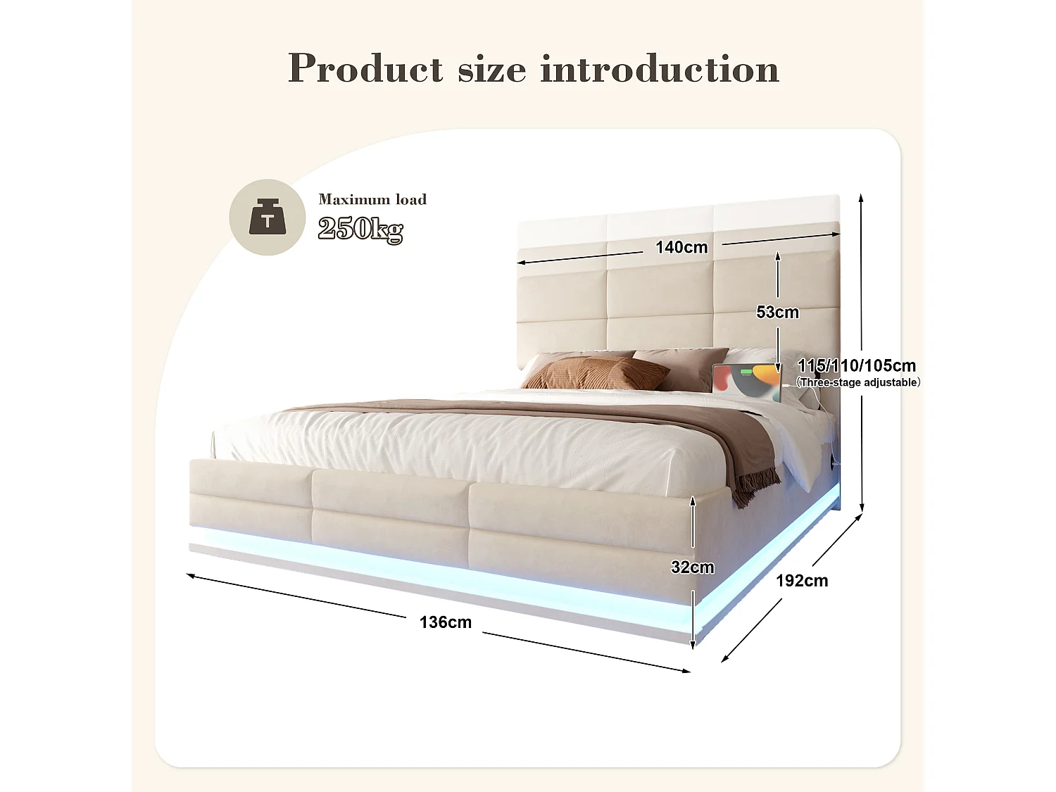 Lit Coffre 140×200 cm Velours Beige - Lit Rembourré – LED Télécommandé + Port USB – Rangement Hydraulique – Style Moderne avec Motif Matelassé
