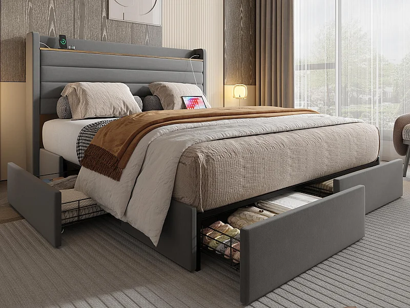 Lit Coffre 160x200 cm - Lit Rembourré en Velours Gris - avec Étagère de Tête de Lit- 4 tiroirs et port USB