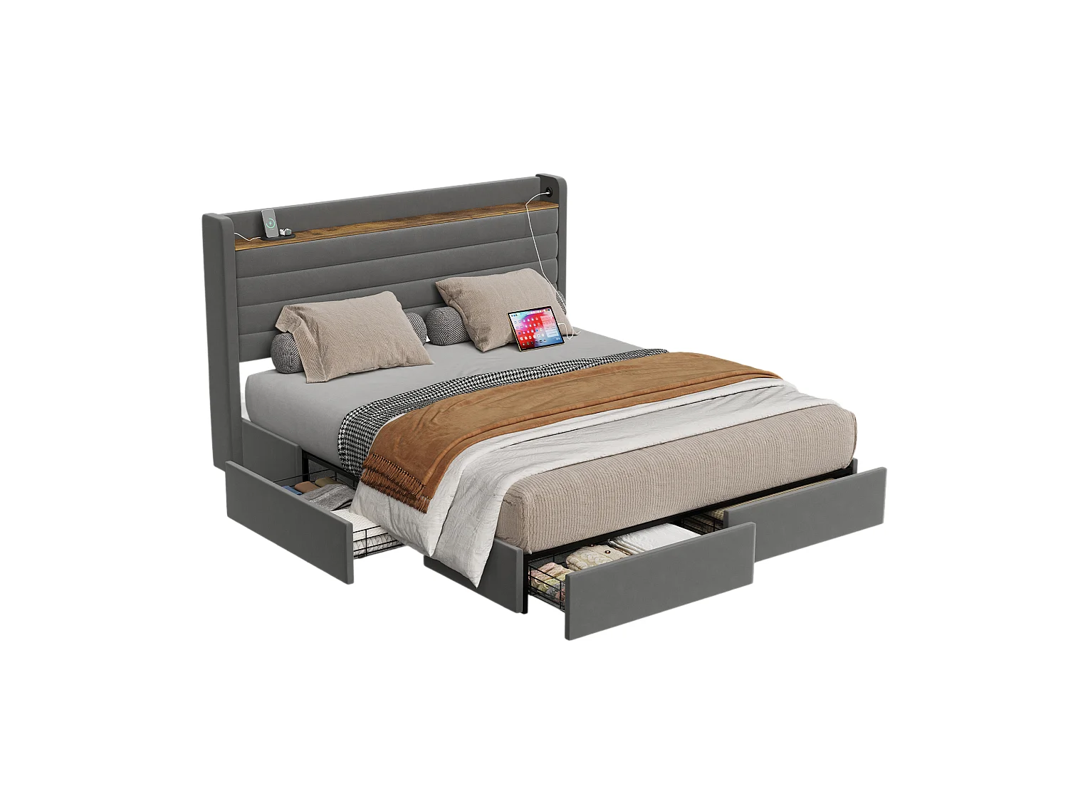 Lit Coffre 160x200 cm - Lit Rembourré en Velours Gris - avec Étagère de Tête de Lit- 4 tiroirs et port USB