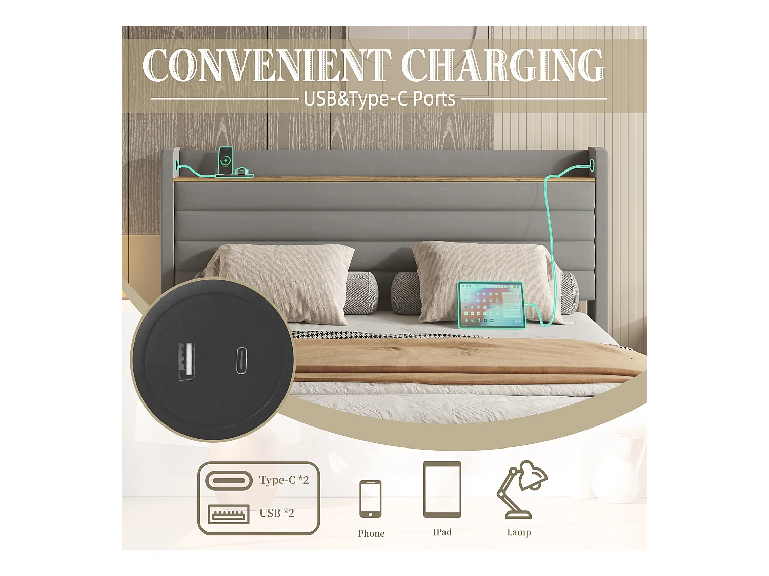 Lit Coffre 160x200 cm - Lit Rembourré en Velours Gris - avec Étagère de Tête de Lit- 4 tiroirs et port USB