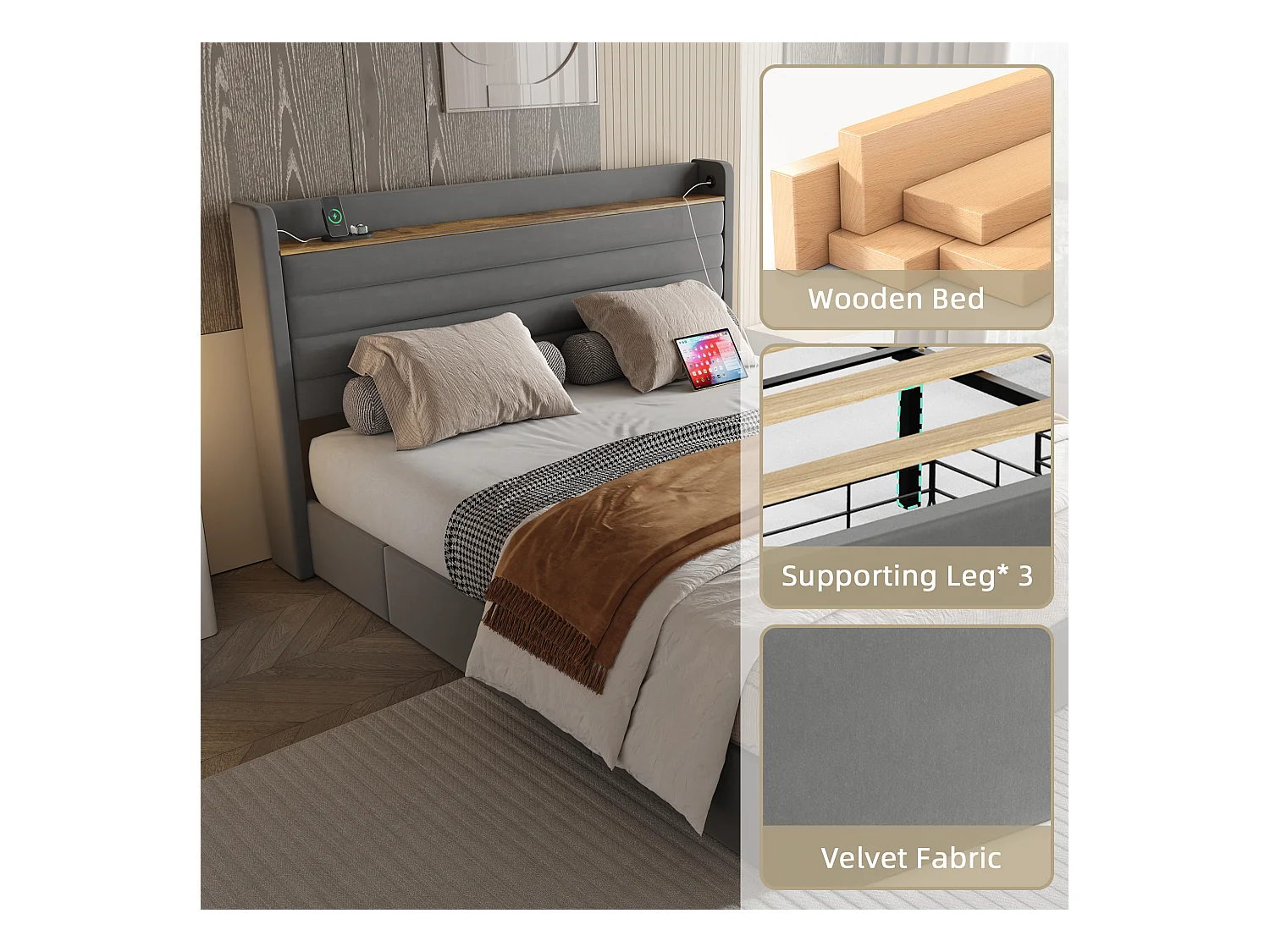 Lit Coffre 160x200 cm - Lit Rembourré en Velours Gris - avec Étagère de Tête de Lit- 4 tiroirs et port USB