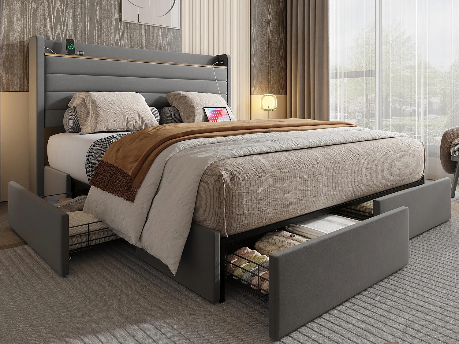 Lit Coffre 160x200 cm - Lit Rembourré en Velours Gris - avec Étagère de Tête de Lit- 4 tiroirs et port USB