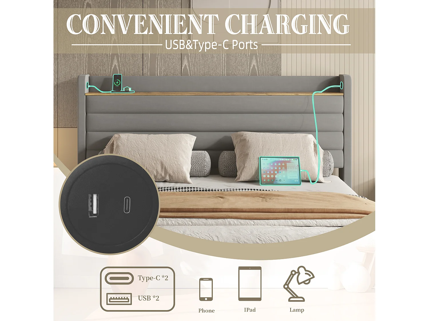 Lit Coffre 160x200 cm - Lit Rembourré en Velours Gris - avec Étagère de Tête de Lit- 4 tiroirs et port USB