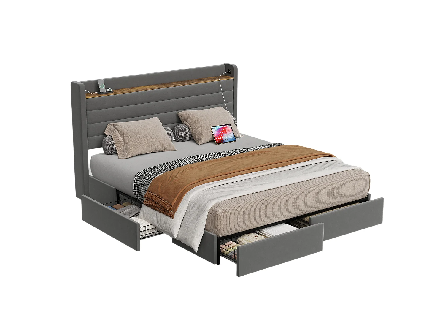 Gestoffeerd bed 160x200 cm in fluweel - Gestoffeerd hoofdbord met geïntegreerde plank - 4 lades + USB-poorten