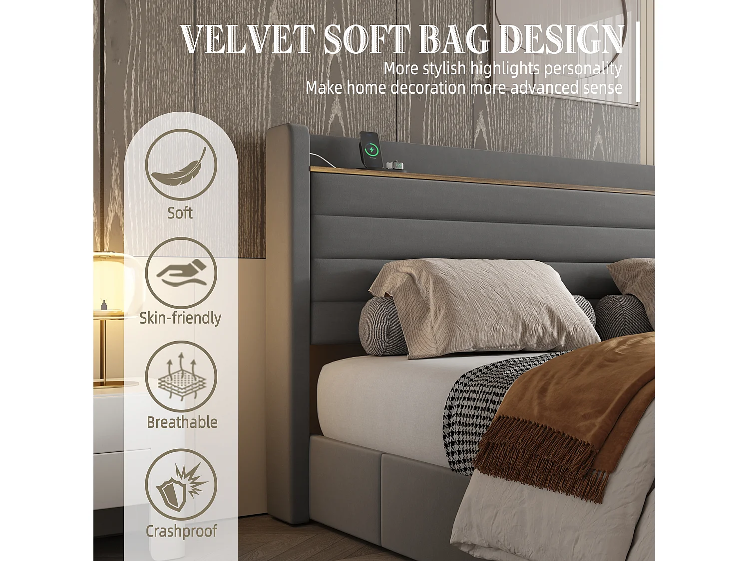 Gestoffeerd bed 160x200 cm in fluweel - Gestoffeerd hoofdbord met geïntegreerde plank - 4 lades + USB-poorten