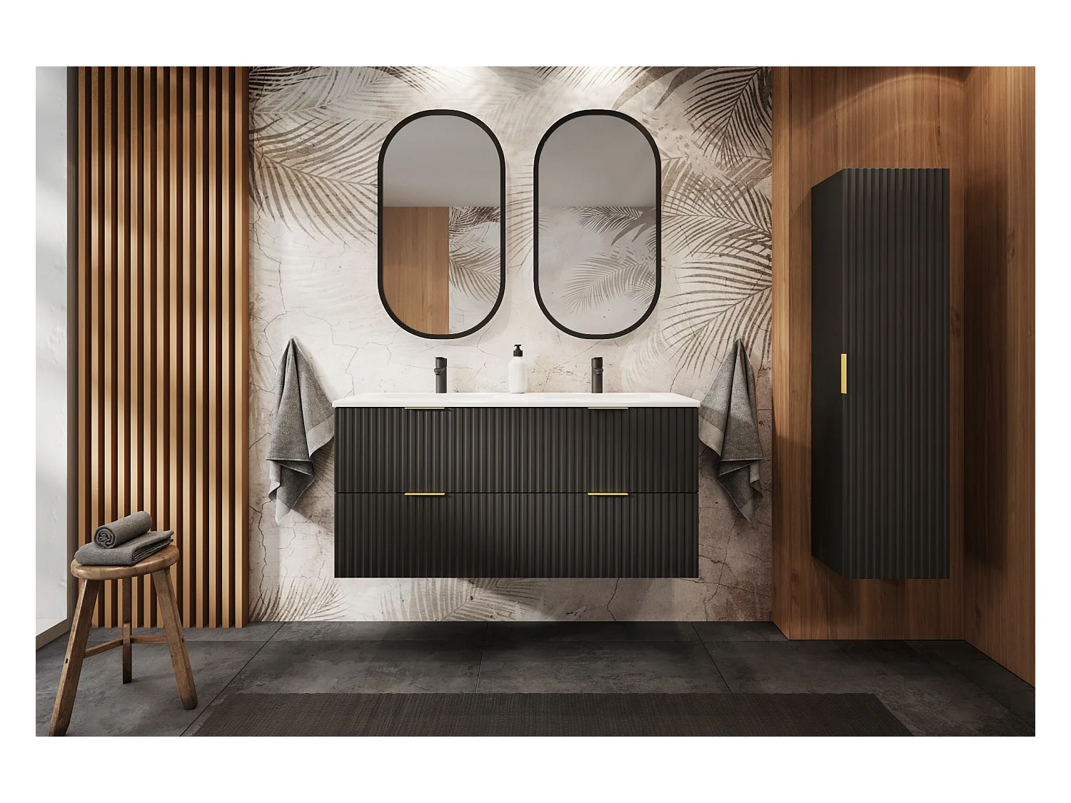 Meuble sous vasque noir FLOW 180 cm avec étagère blanche et plan de travail