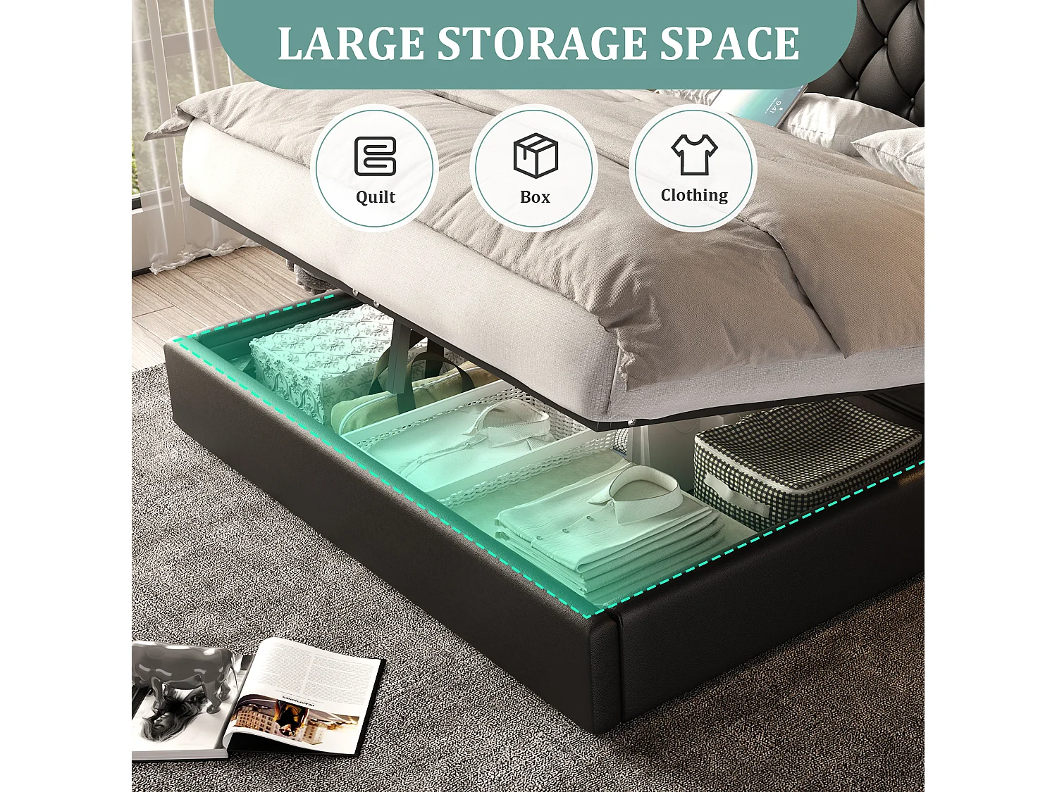 Lit Coffre 160×200 cm en Simili‑Cuir Noir – Tête de Lit Rembourrée Avec Lampe de Chevet + Port USB – Rangement Intégré – Style Contemporain