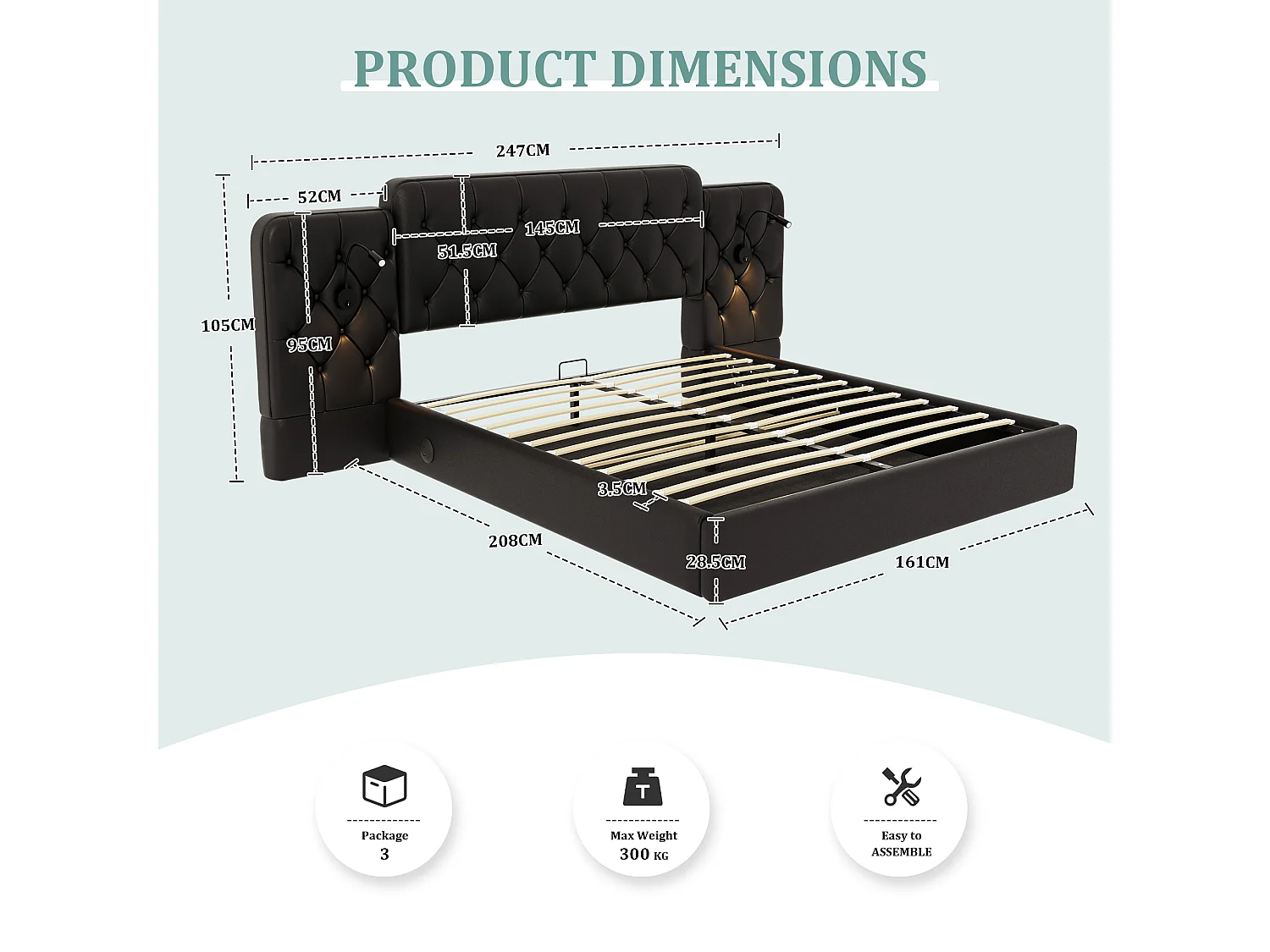 Lit Coffre 160×200 cm en Simili‑Cuir Noir – Tête de Lit Rembourrée Avec Lampe de Chevet + Port USB – Rangement Intégré – Style Contemporain