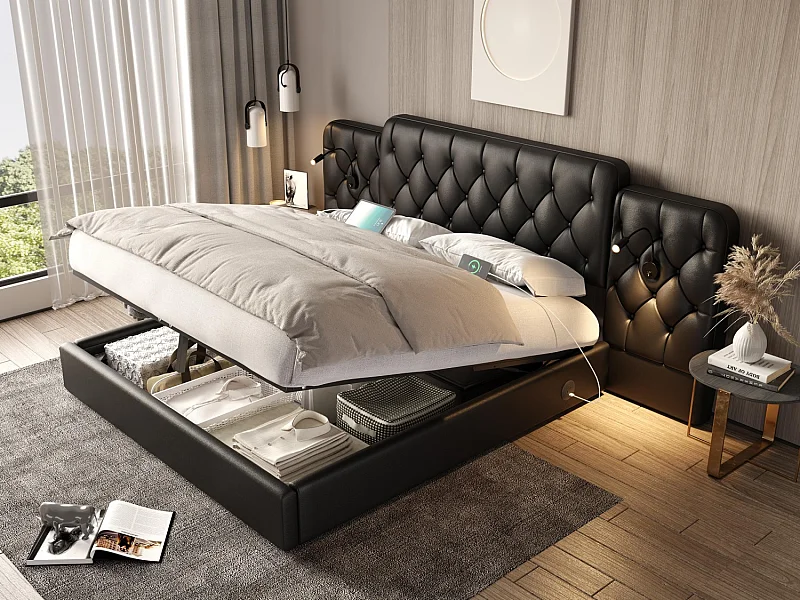 Lit Coffre 160×200 cm en Simili‑Cuir Noir – Tête de Lit Rembourrée Avec Lampe de Chevet + Port USB – Rangement Intégré – Style Contemporain