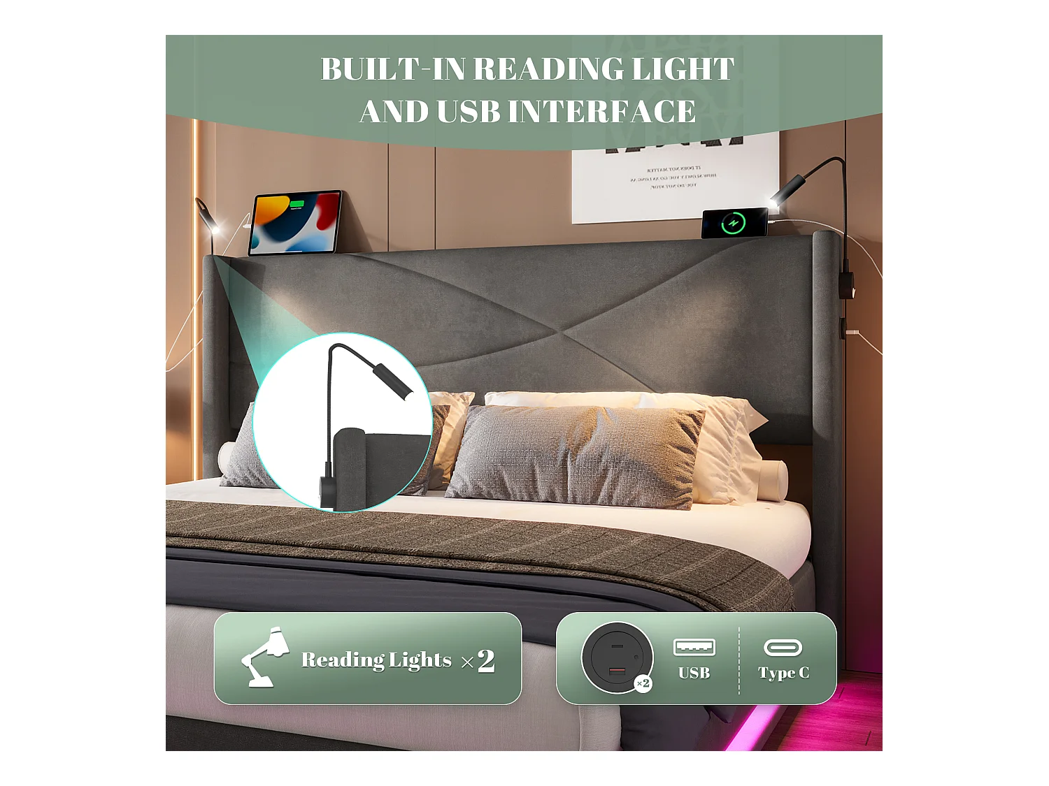 Lit Coffre 140×200 cm - Lit  Rembourré en Velours Gris – Motif Matelassé en Lignes - Lampe de Lecture + LED/USB – Coffre Hydraulique – Style Contemporain