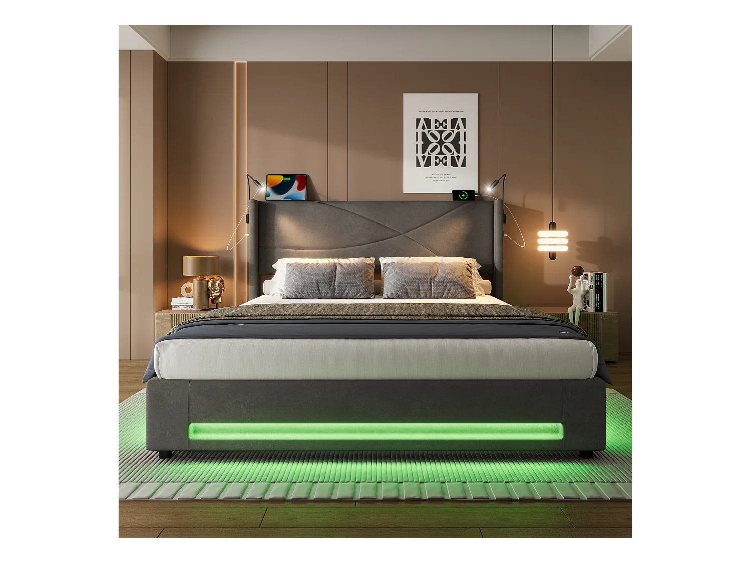 Lit Coffre 140×200 cm - Lit  Rembourré en Velours Gris – Motif Matelassé en Lignes - Lampe de Lecture + LED/USB – Coffre Hydraulique – Style Contemporain