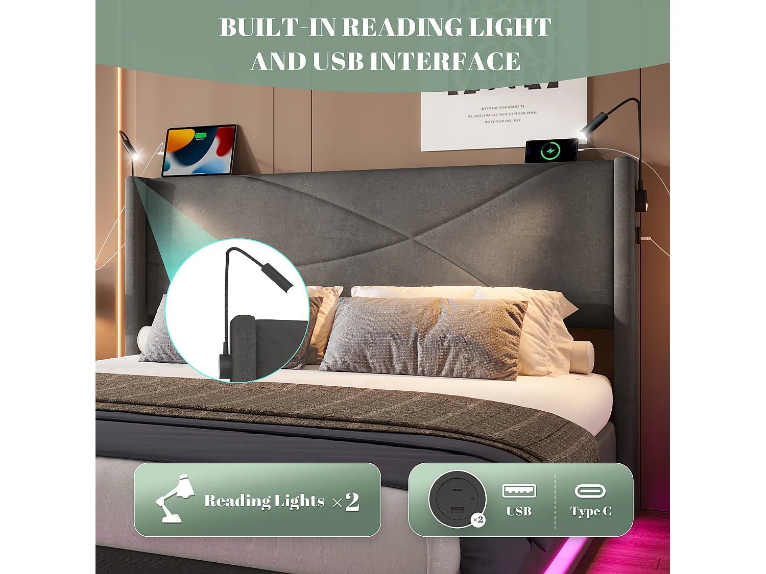 Lit Coffre 140×200 cm - Lit  Rembourré en Velours Gris – Motif Matelassé en Lignes - Lampe de Lecture + LED/USB – Coffre Hydraulique – Style Contemporain