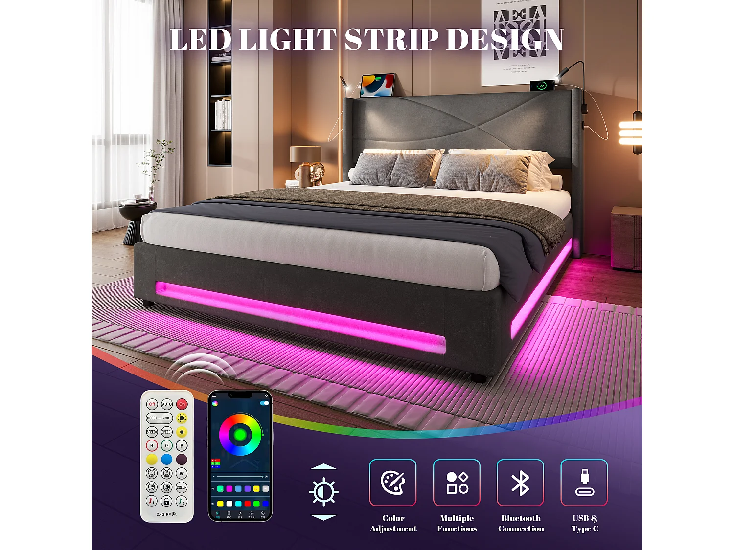 Boxspringbed 140x200cm - met geïntegreerde verlichting & opbergruimte, USB/Type-C aansluitingen, XXL hydraulisch opbergsysteem en smart home compatibel