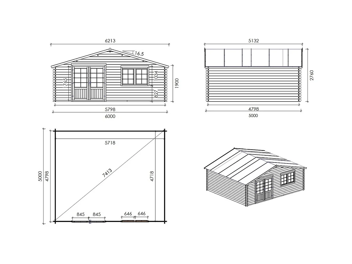 Abri de jardin en bois - 30m2 - 6x5m - Ep. 40mm - Couleur: naturel - DOM748 - ALTANKA