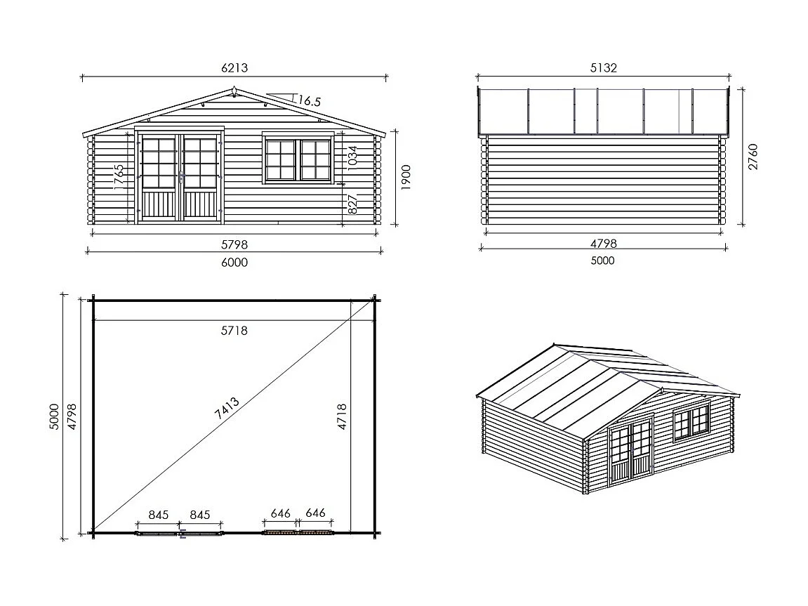 Abri de jardin en bois - 30m2 - 6x5m - Ep. 40mm - Couleur: naturel - DOM748 - ALTANKA