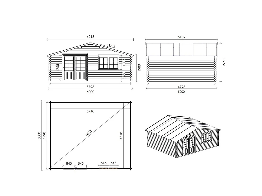 Abri de jardin en bois - 30m2 - 6x5m - Ep. 40mm - Couleur: naturel - DOM748 - ALTANKA