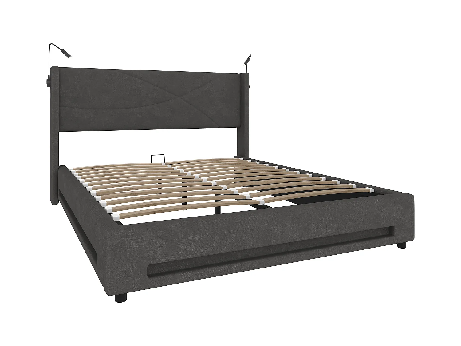 Lit Coffre 160×200 cm - Lit  Rembourré en Velours Gris – Motif Matelassé en Lignes - Lampe de Lecture + LED/USB – Coffre Hydraulique – Style Contemporain